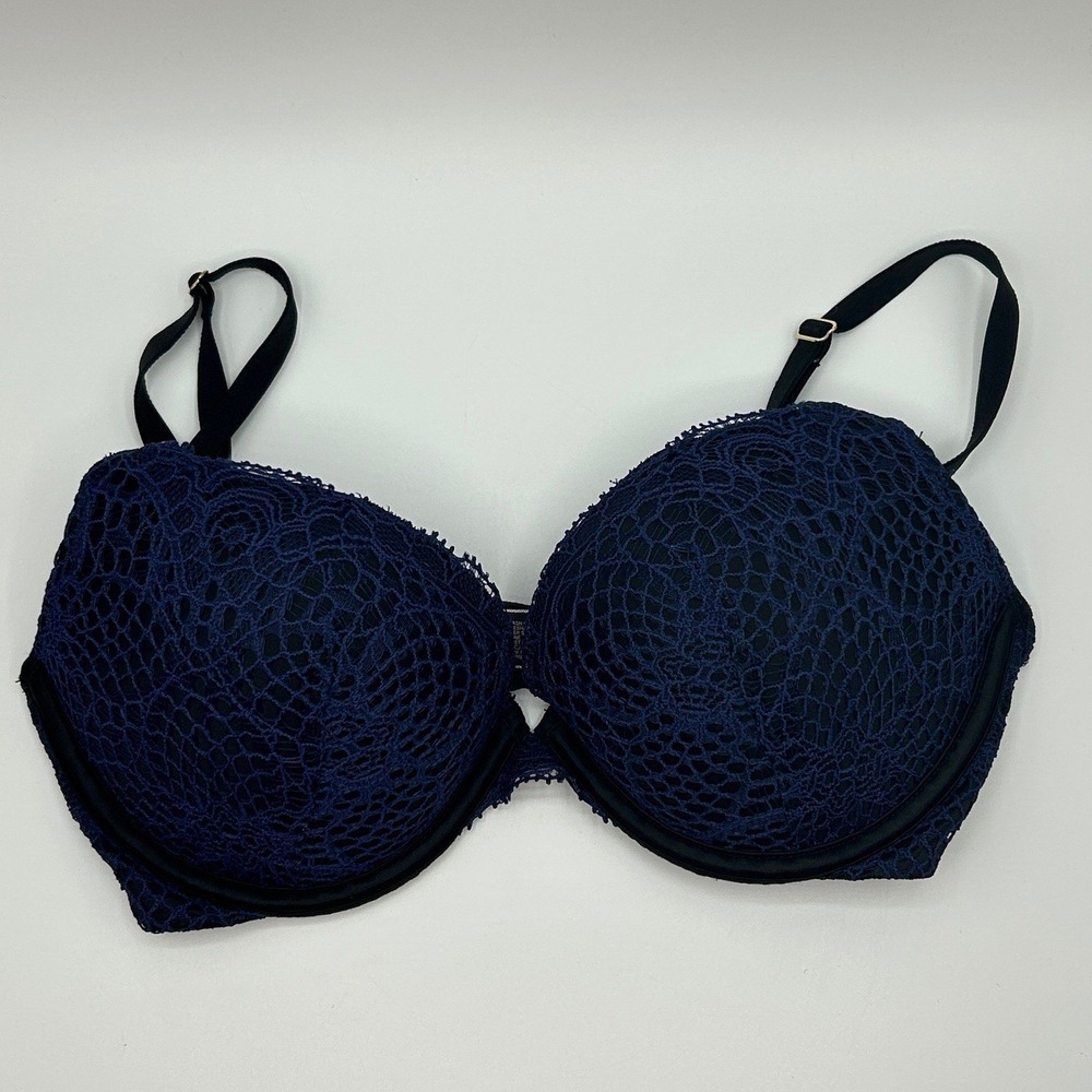 Victoria's Secret Very Sexy Push Up Floral Lace Bra Navy Blue 32D Lingerie